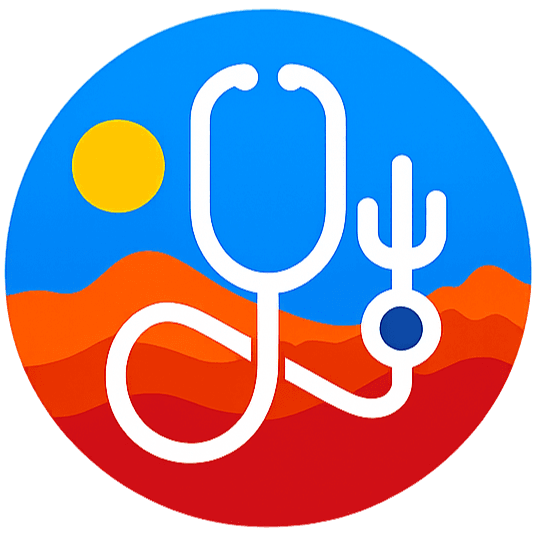 Phoenix Family Care emblem: a sun, red desert mesas, a saguaro cactus and a stethoscope inside a circle